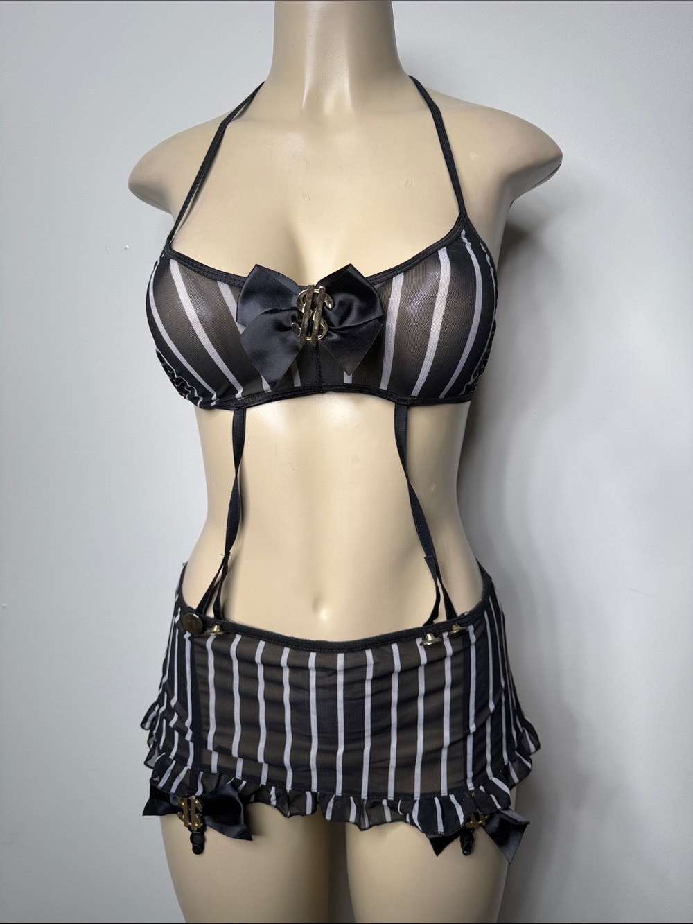 Striped Black & White Mesh Chemise Set with Bow Detail